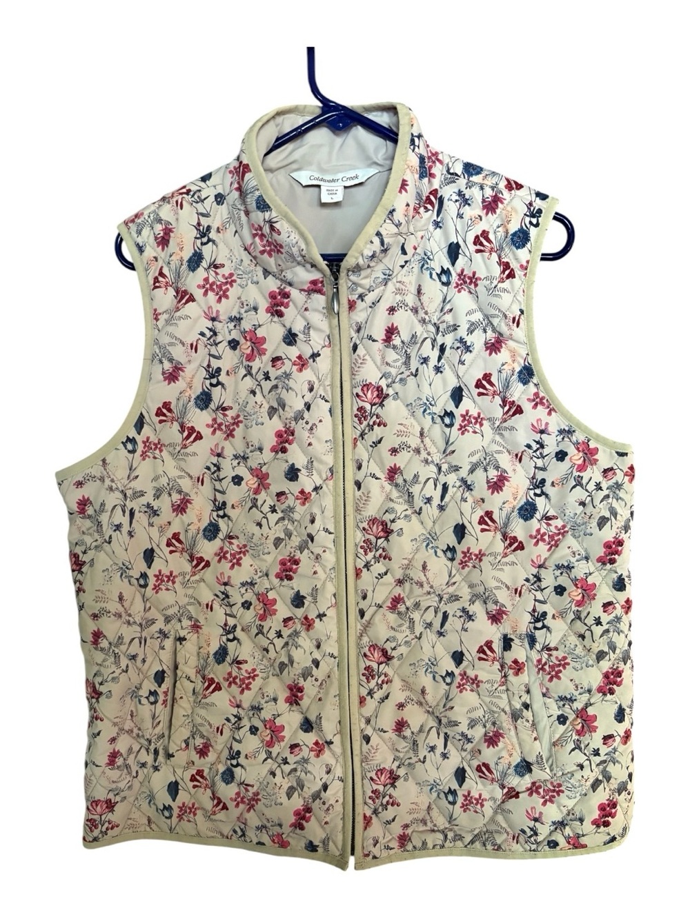 Coldwater Creek Cream Quilted Floral Vest with Pink & Blue Accents